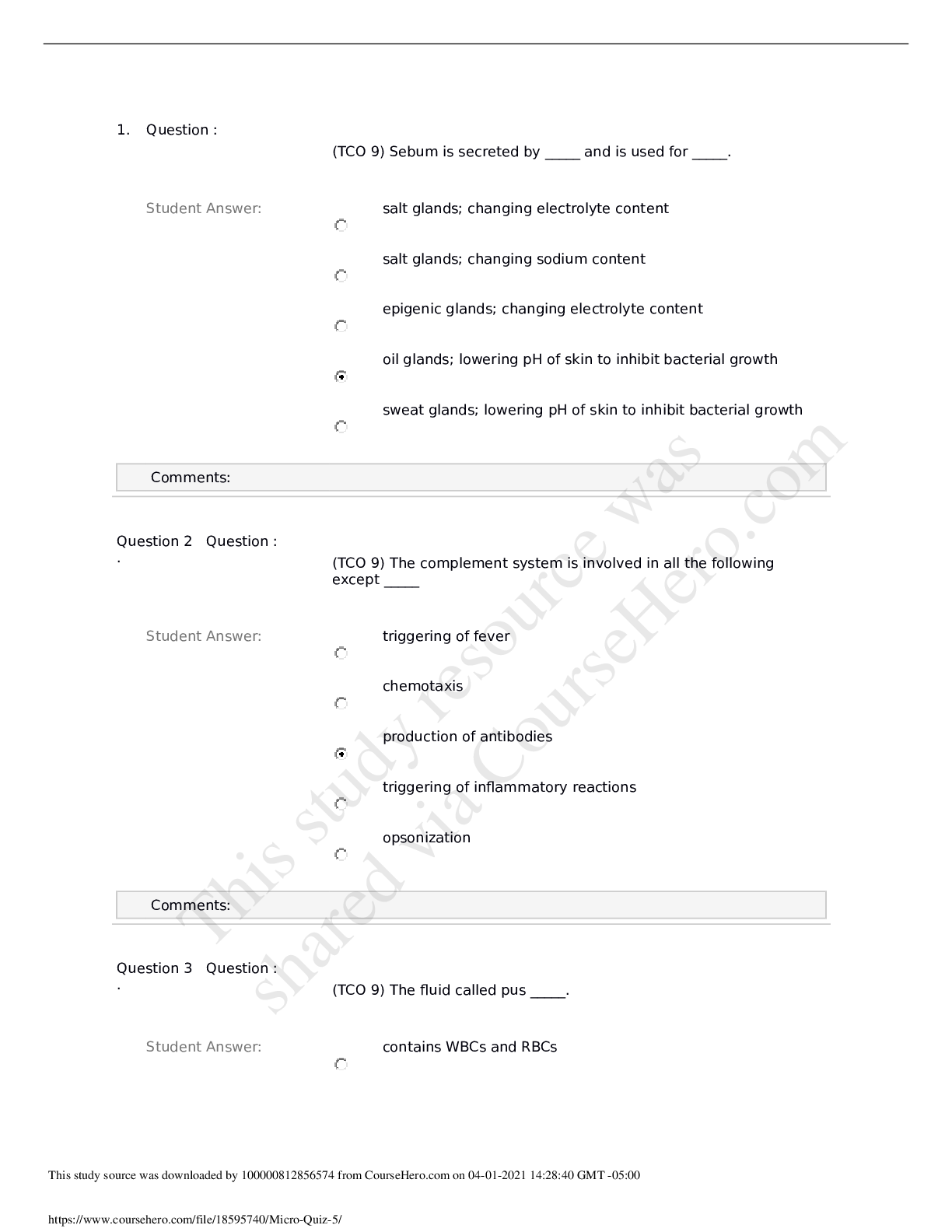 Preview of BIOS 242 Week 5 Quiz: MCQs QUESTIONS WITH CORRECT ANSWERS (2021)